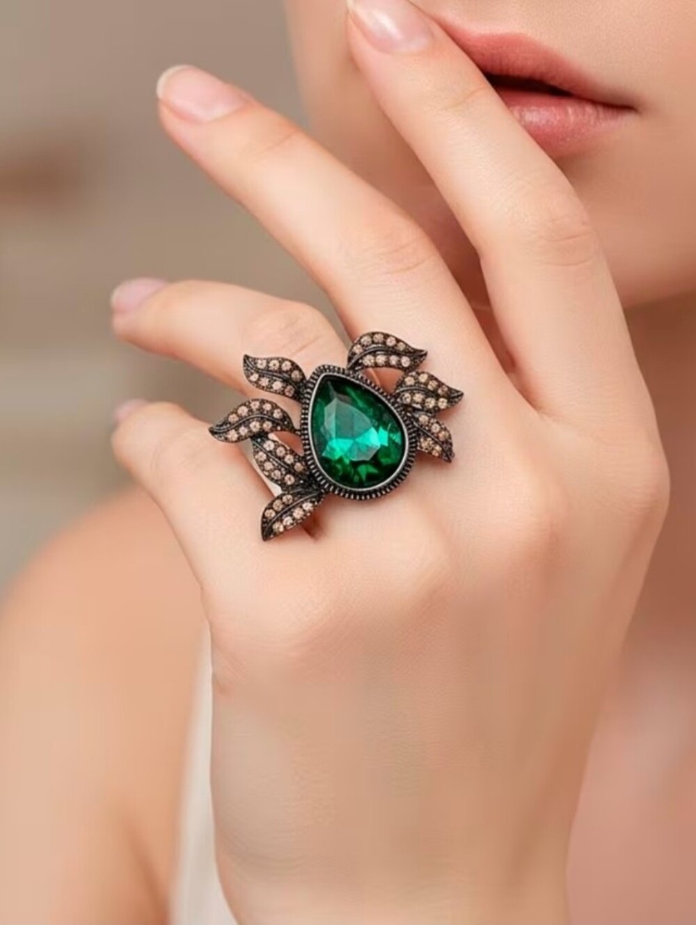 Austrian Champagne Crystal, Green Glass Leaf Ring in Dark Silvertone (Size 8-10)